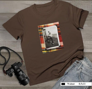 Flat lay of front of vintage photo guitar player on t-shirt