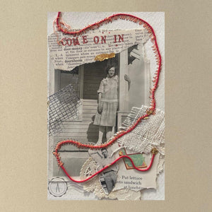 Close up of collage art titled 'Come On In'