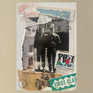 Close up of collage art titled 'Farm Boys'