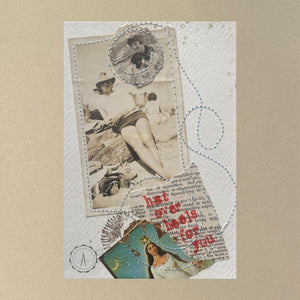 Close up of collage art titled 'Hat Over Heels For You'