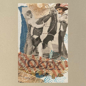 Close up of collage art titled 'Joker'