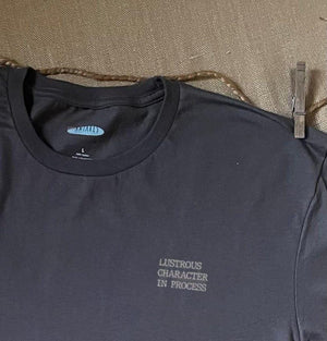 Close up shot of collage art t-shirt with tagline on front: 'lustrous character in process'