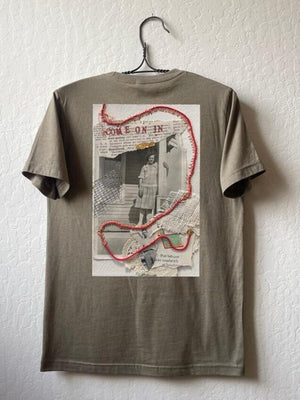 Collage art t-shirt with image on back  titled 'Come on In'