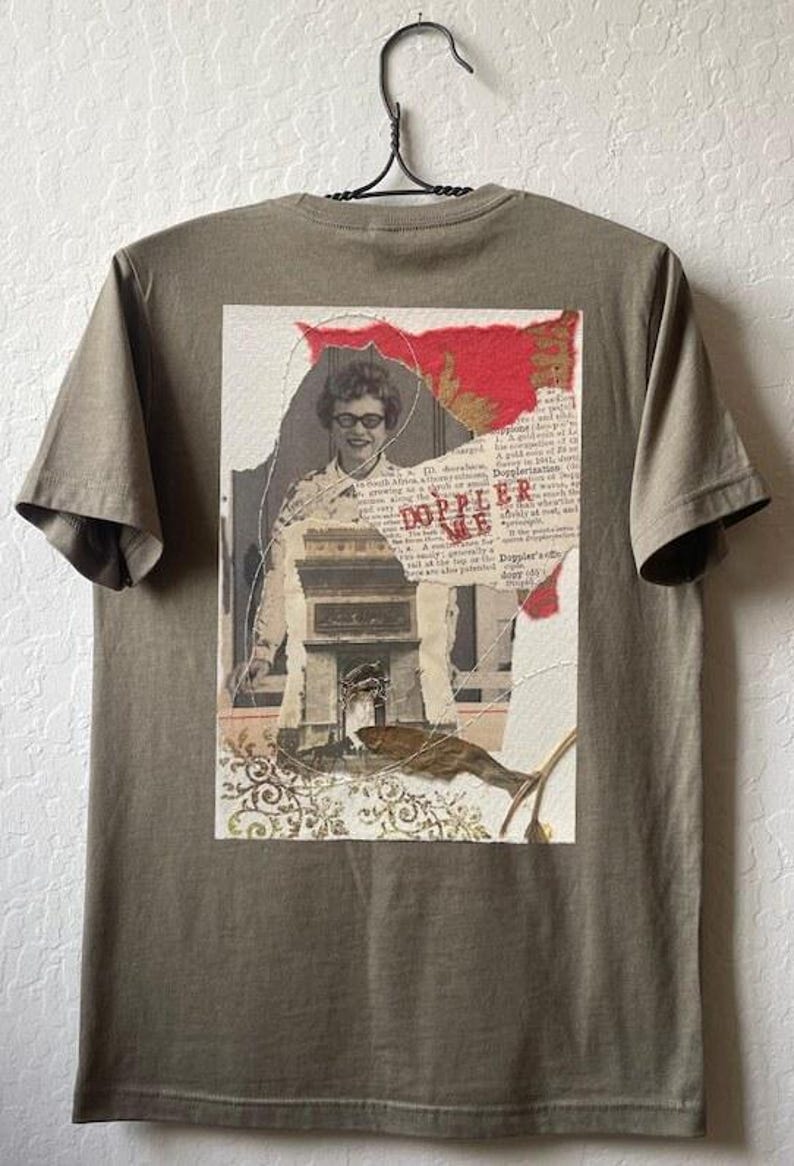 Collage art t-shirt with image on back  titled 'Doppler Me'