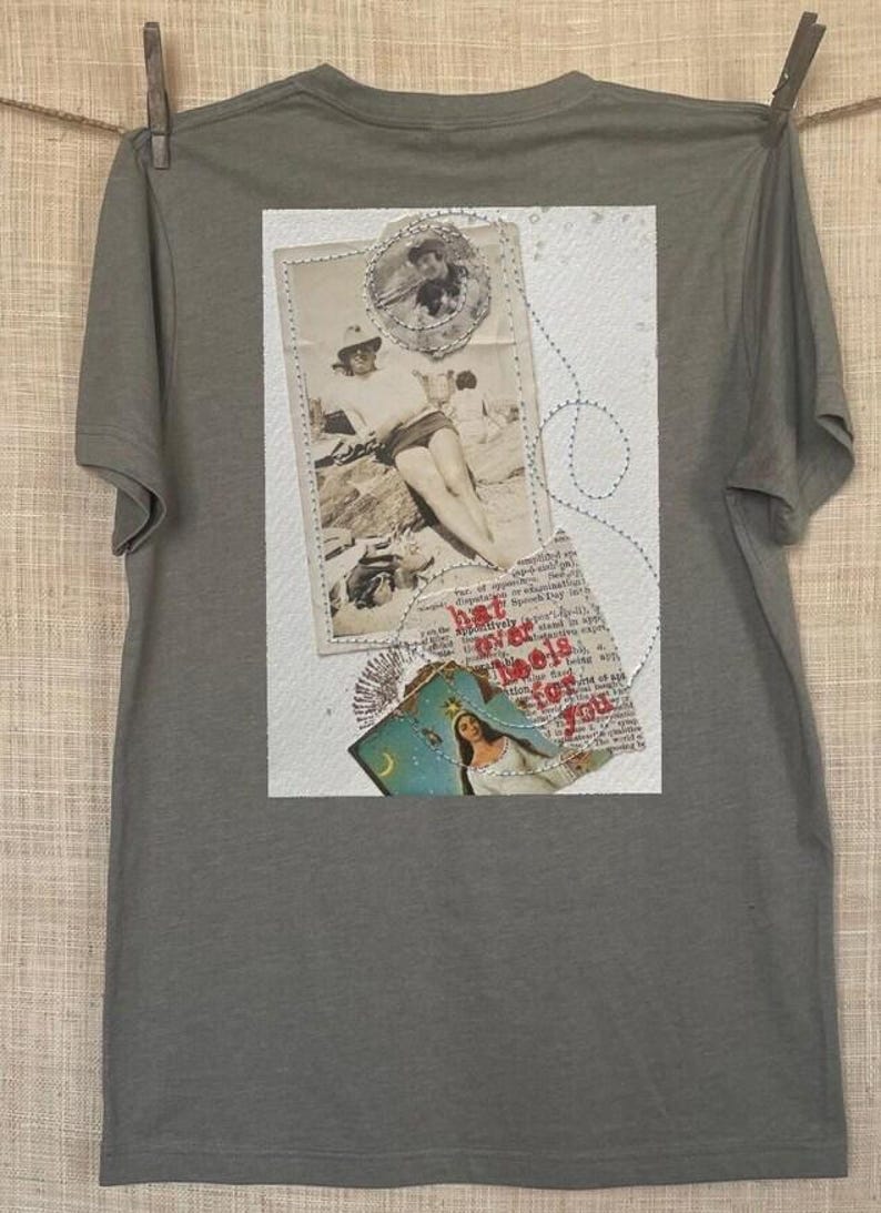 Collage art t-shirt with image on back  titled 'Hat Over Heels For You'