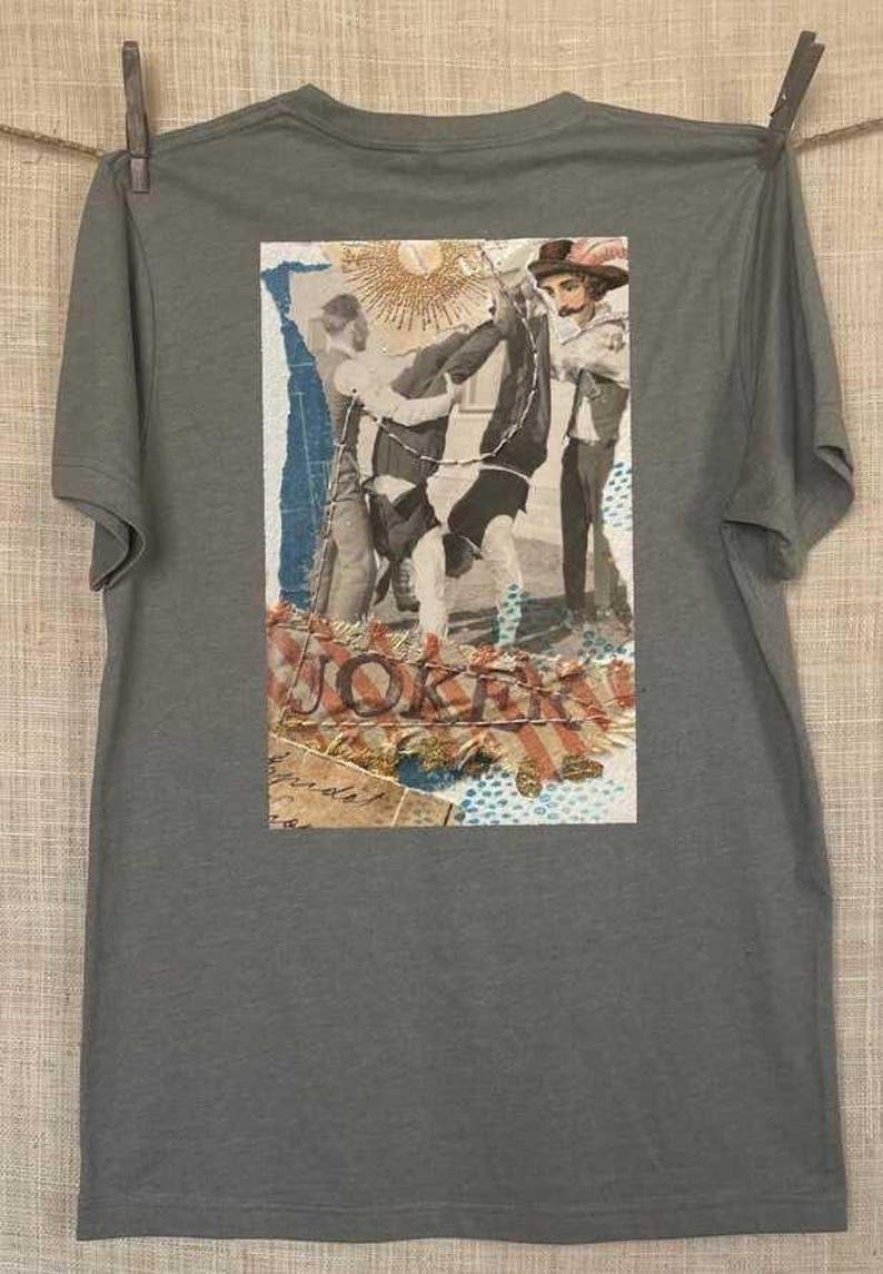 Collage art t-shirt with image on back  titled 'Joker'