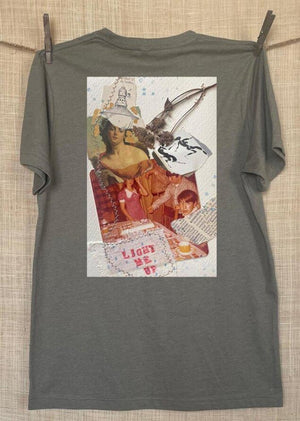 Collage art t-shirt with image on back  titled 'Light Me'