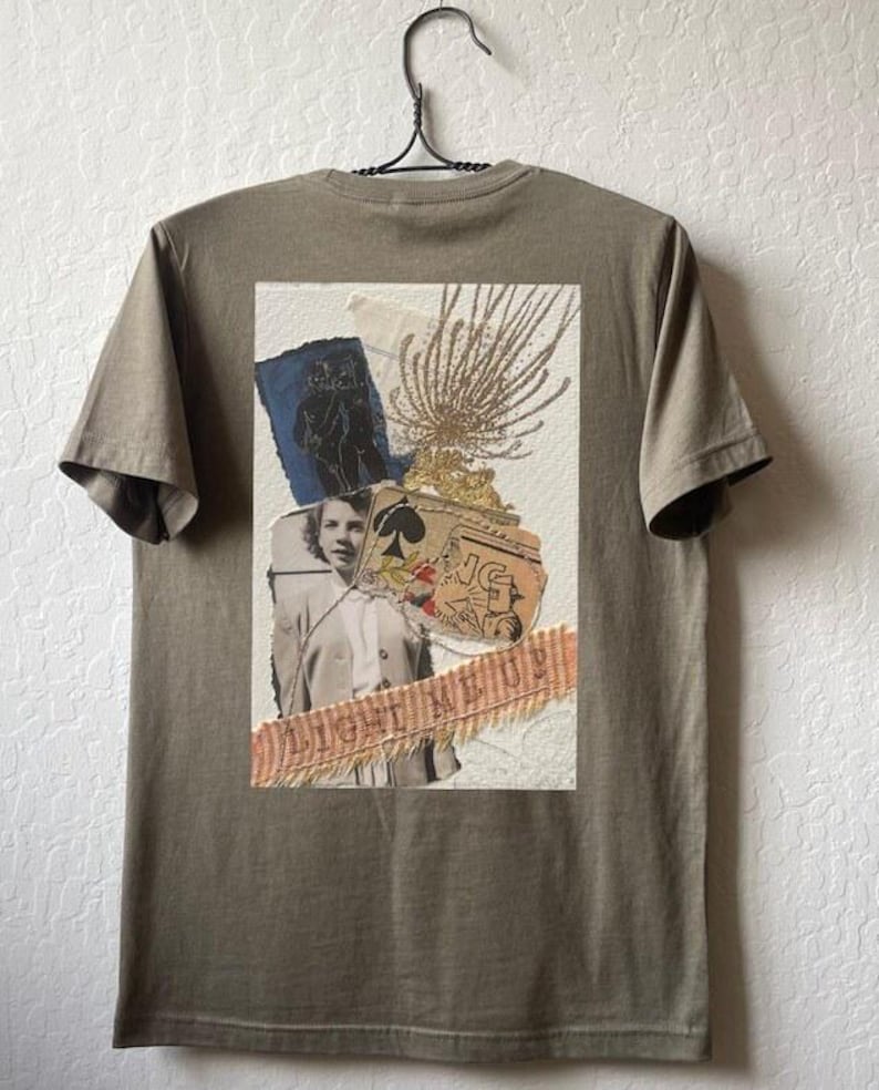 Collage art t-shirt with image on back  titled 'Light Me Up'