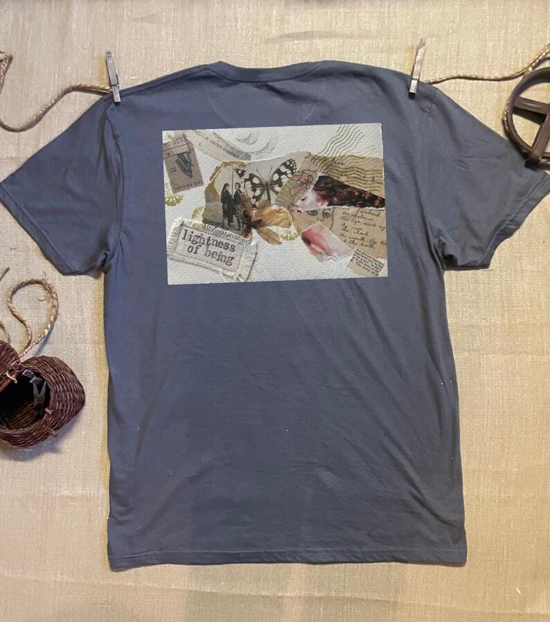 Collage art t-shirt with image on back  titled 'Lightness of Bieng'
