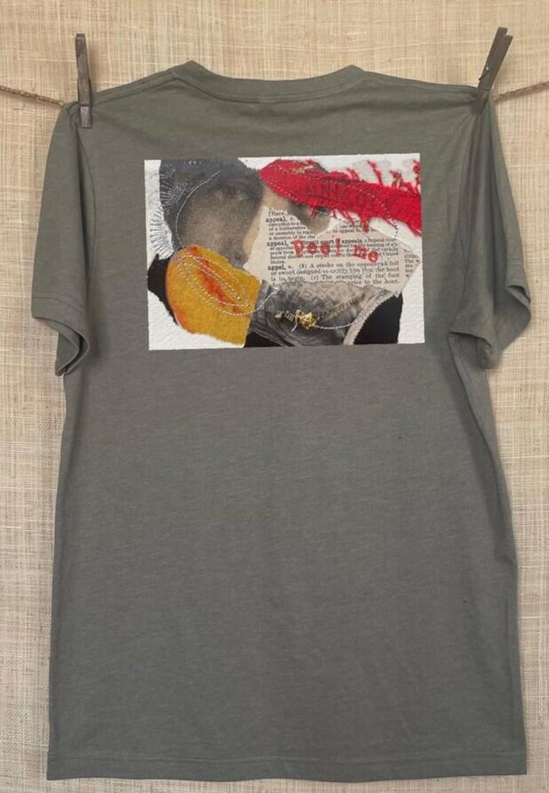 Collage art t-shirt with image on back  titled 'Peel Me'