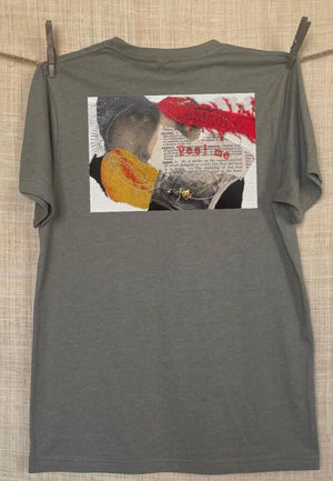 Collage art t-shirt with image on back  titled 'Peel Me'