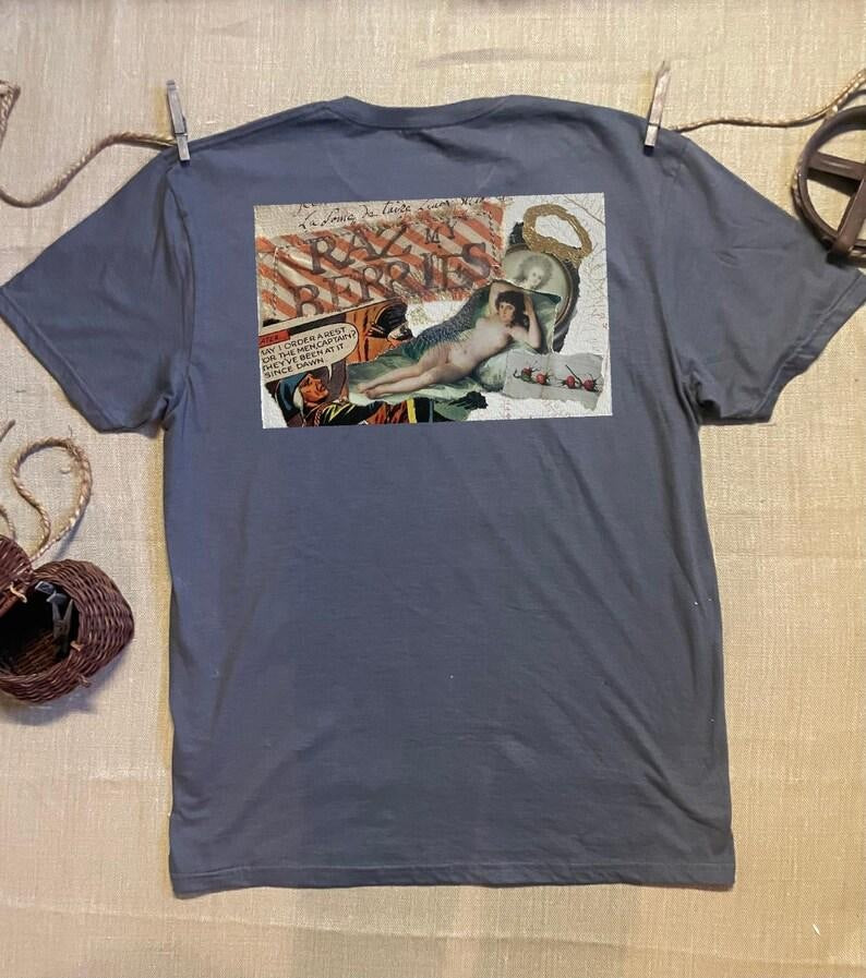 Collage art t-shirt with image on back  titled 'Razz My Berries'
