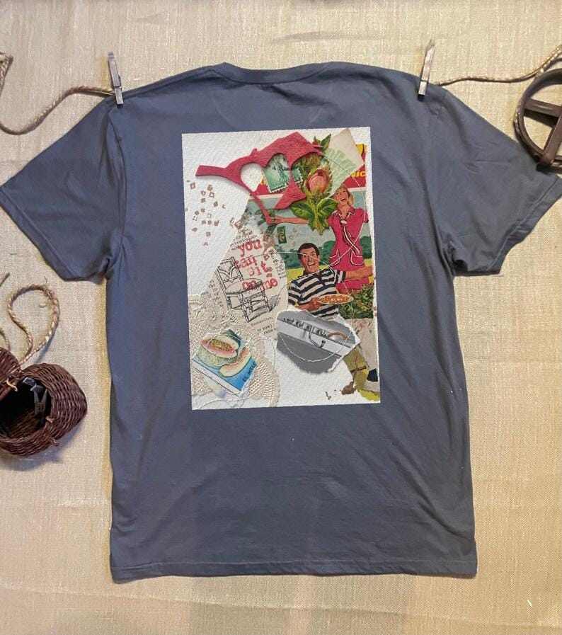 Collage art t-shirt with image on back  titled 'You Can Sit on Me'