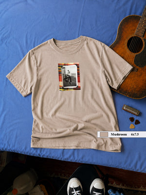 t-shirt with small vintage photo of guitar player