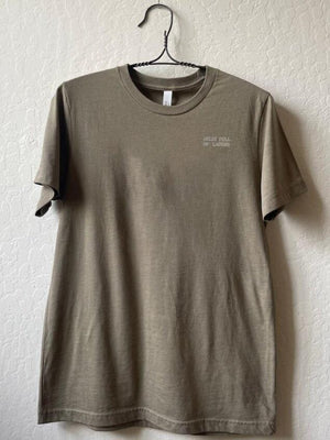 Front of collage art t-shirt with tagline on front: 'Belly Full of Laughs'