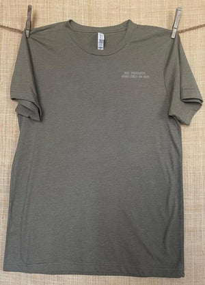 Front of collage art t-shirt with tagline on front: 'His Thoughts Were Only On Her'