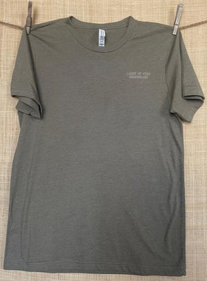Front of collage art t-shirt with tagline on front: 'Light My Fire Sweetheart'