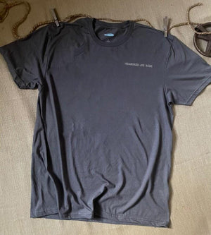 Front of collage art t-shirt with tagline on front: 'Measured Joy Ride'