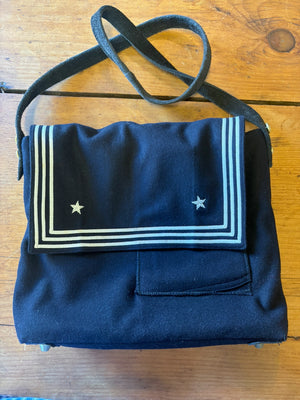 Flat view of a handmade vintage US Navy sailor collar bag 