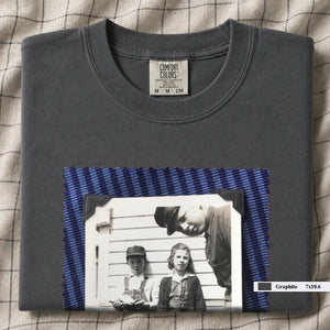 Graphite colored folded t-shirt with large black and white vintage 1920's photo of kids posing for a shot