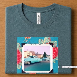 Heather Deep Teal colored folded t-shirt with large a vintage photo of two classic 50's cars on the street. Photo is surrounded by floral fabric.