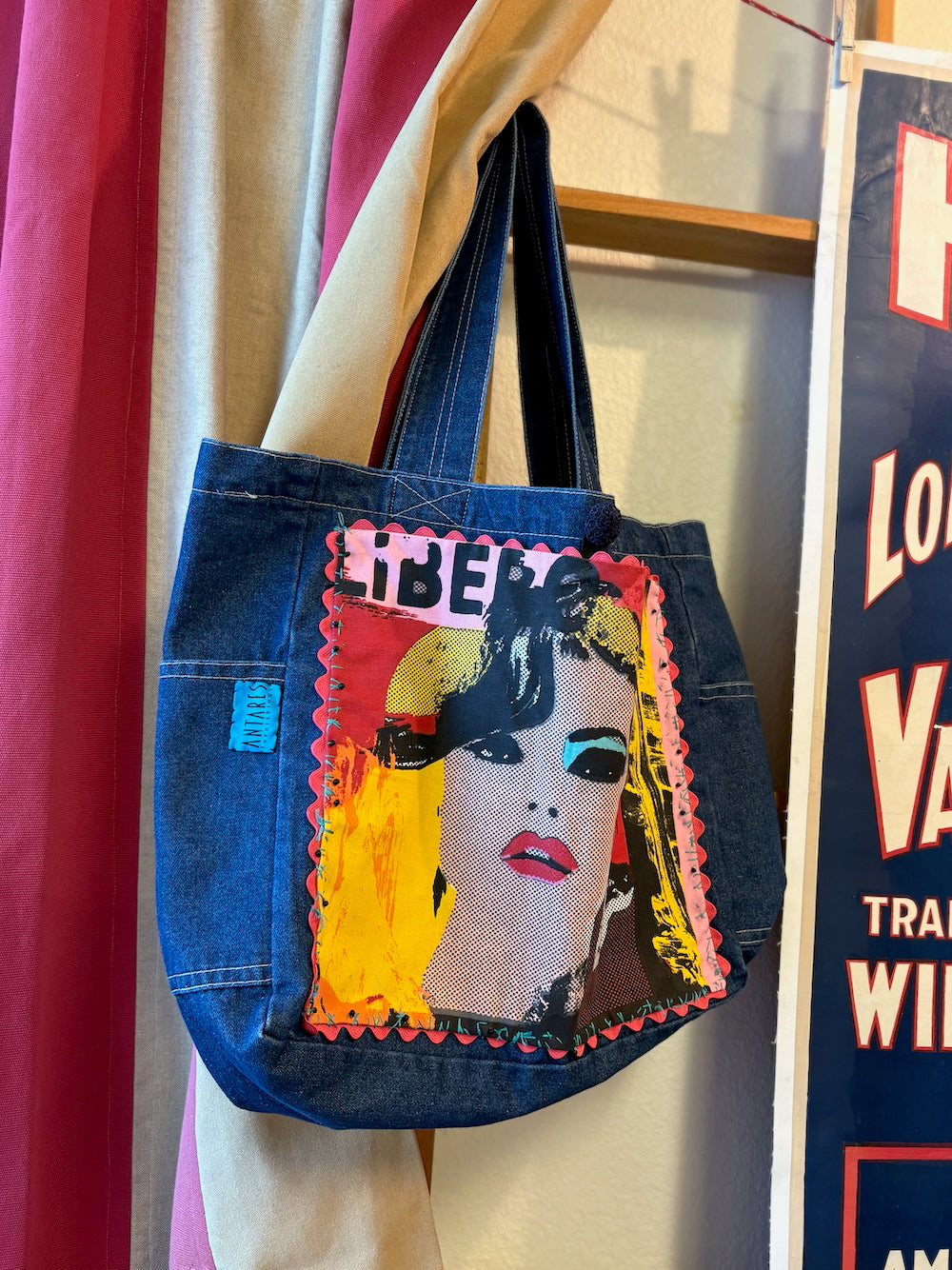 Marilyn Monroe graphic one-of-a-kind denim tote - Antares Furnishings