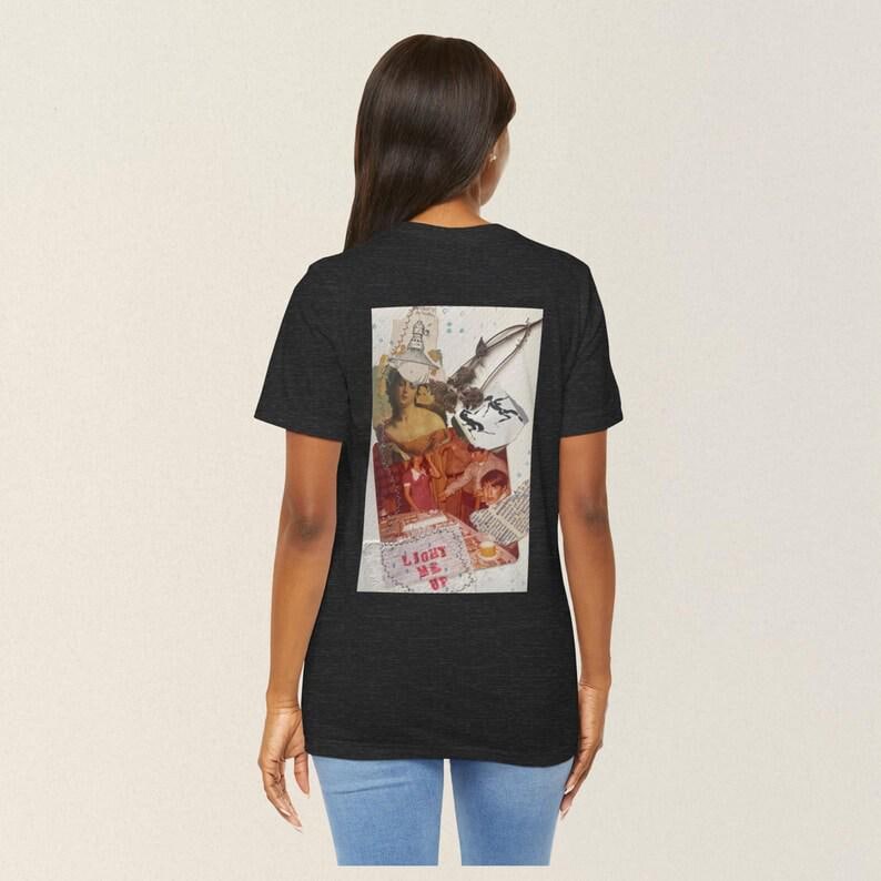 Collage art t-shirt with image on back  titled 'Light Me'