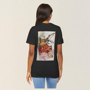 Model showing collage art t-shirt with image on back titled 'Light me up'