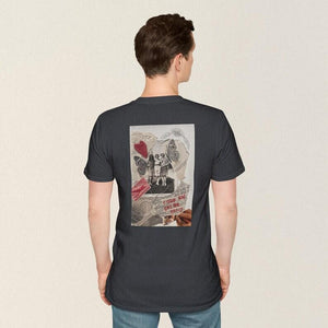 Model showing collage art t-shirt with image on back  titled 'Come and Get Me Sassy'