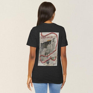 Model showing collage art t-shirt with image on back titled 'Come on In'