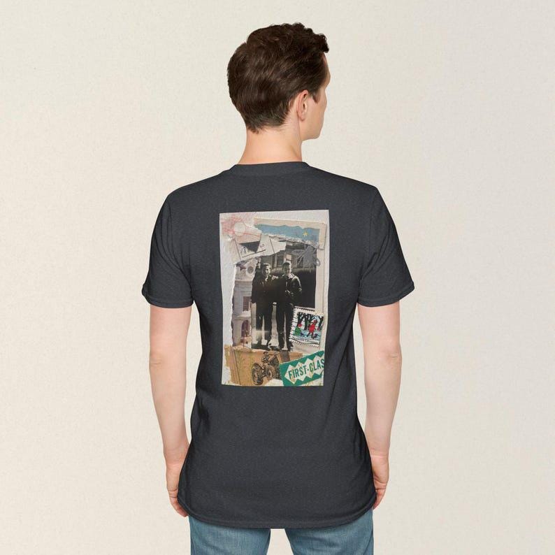 Collage art t-shirt with image on back  titled 'Farm Boys'