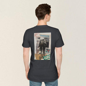 Model showing collage art t-shirt with image on back titled 'Farm  Boys'