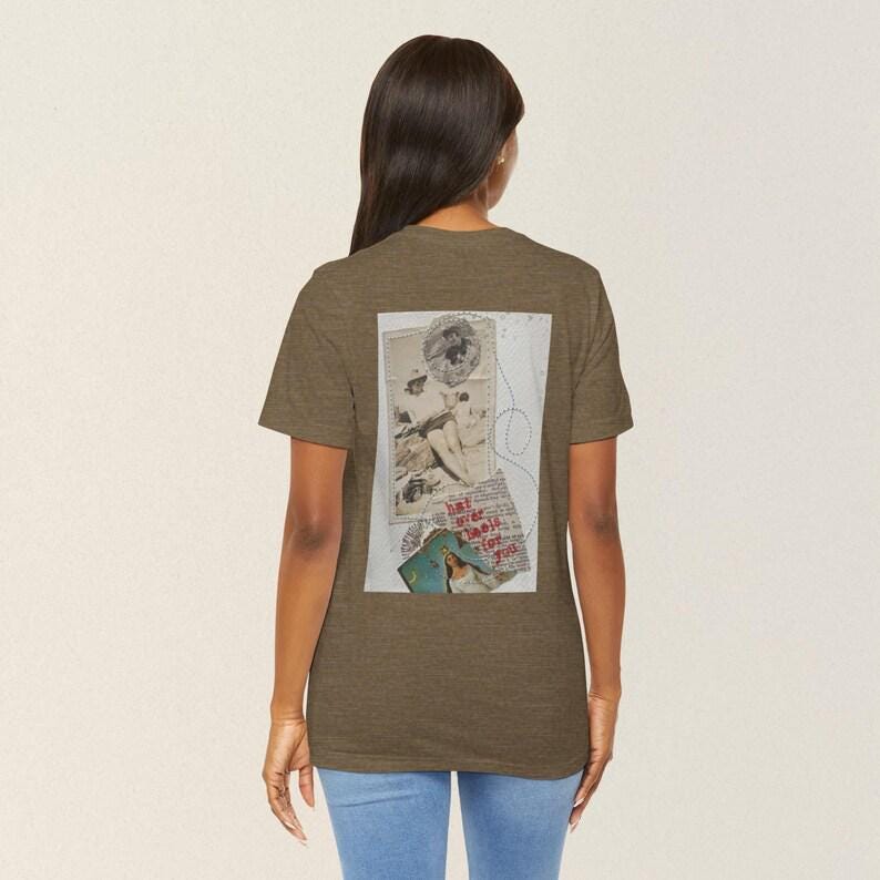 Collage art t-shirt with image on back  titled 'Hat Over Heels For You'