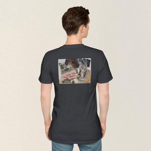 Model showing collage art t-shirt with image on back  titled 'I'm your for the taking'