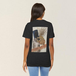 Model showing collage art t-shirt with image on back titled 'Light Me Up'