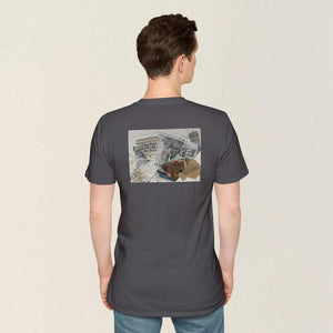 Model showing collage art t-shirt with image on back titled 'Oh My Goodness'