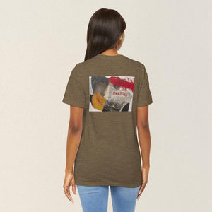 Model showing collage art t-shirt with image on back titled 'Peel Me'