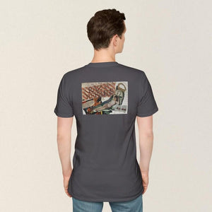 Model showing collage art t-shirt with image on back titled 'Razz My Berries'