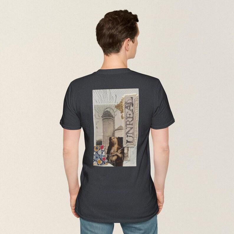 Collage art t-shirt with image on back  titled 'Unreal'