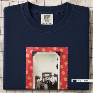 Navy folded t-shirt with large vintage photo of musicians playing