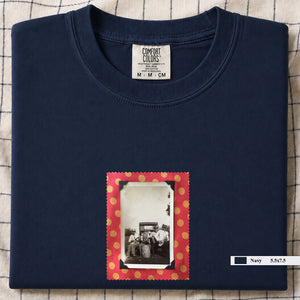 Navy folded t-shirt with vintage photo of musicians playing