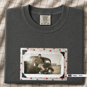 Pepper colored folded t-shirt with a vintage 1930's snapshot of a boy and his holster in front of an old car.