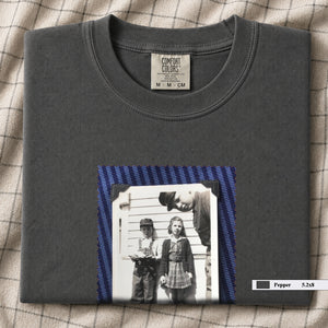 Pepper colored folded t-shirt with small black and white vintage 1920's photo of kids posing for a shot