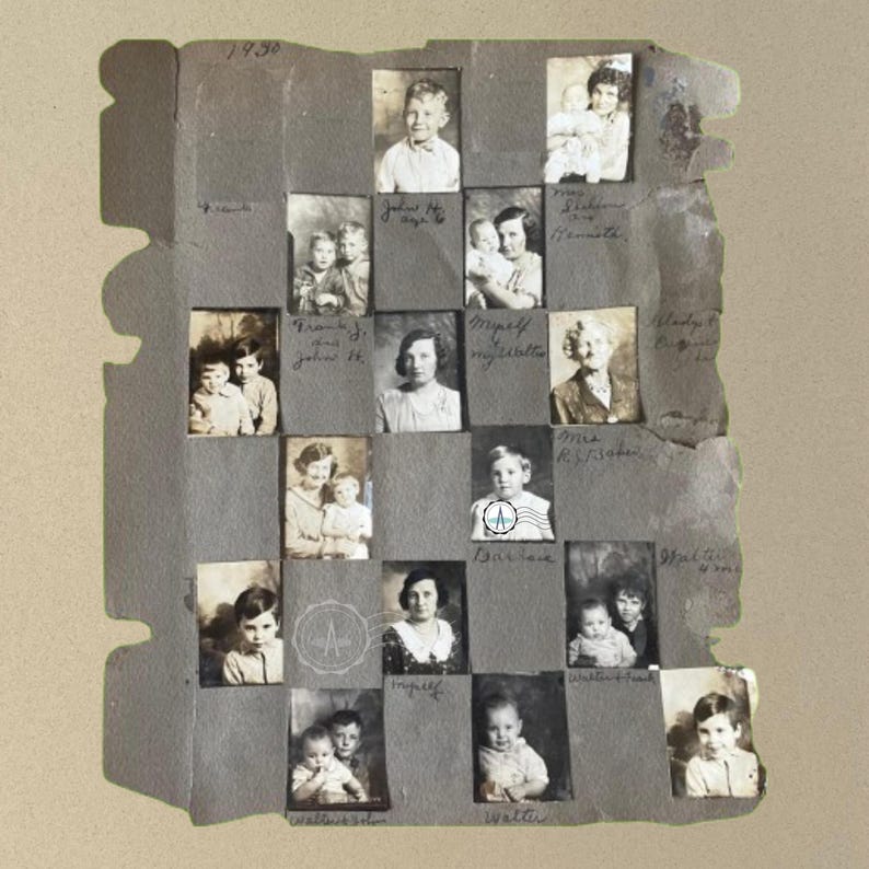 Vintage photo album page of kids on front of t-shirt