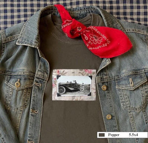 Grey t-shirt with denim jacket and vintage snapshot of people riding in a 1920's car. 