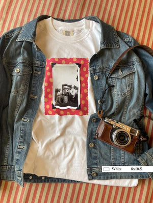 T-shirt front with vintage photo of old style traveling band.