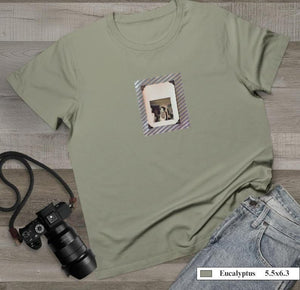 Flat lay of front of vintage photo of screaming woman on t-shirt