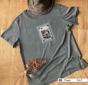 Grey  t-shirt with vintage photo of a boy and his son sitting on the bumper of an old car.