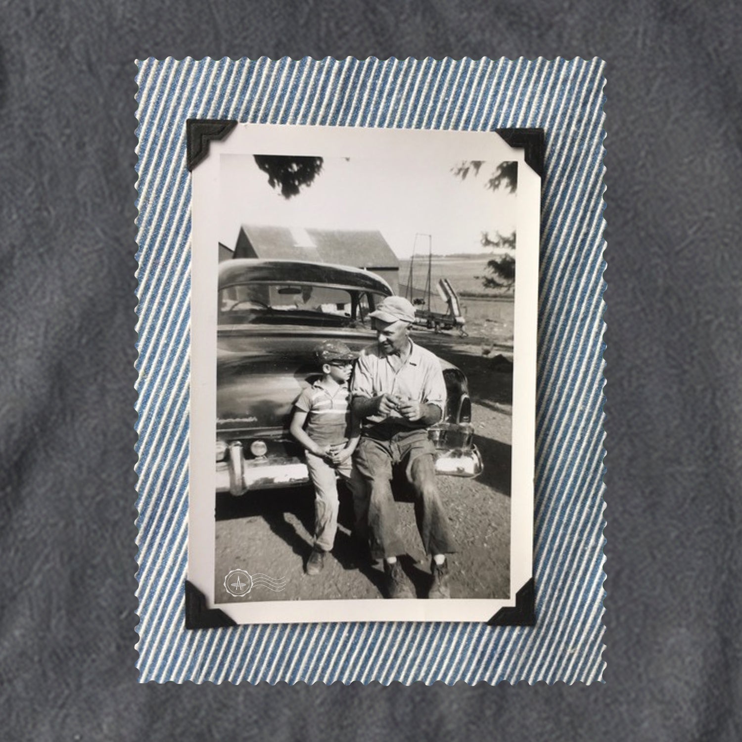 Pepper  t-shirt with large vintage photo of a father and his son sitting on the bumper of an old car