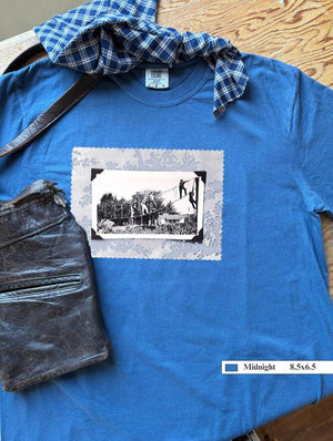 T-shirt front of vintage photo of kids playing on suspended rope ladders.
